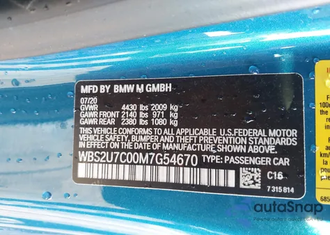 2021 BMW M2 Competition from USA, damaged, VIN WBS2U7C00M7G54670